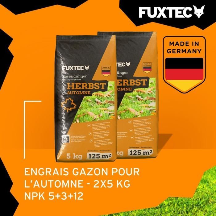 Fertilizante para gramados FUXTEC FX-RDH10, potássico, 2 sacos de 5 kg para 500 m², grânulos solúveis, fabricado na Alemanha.