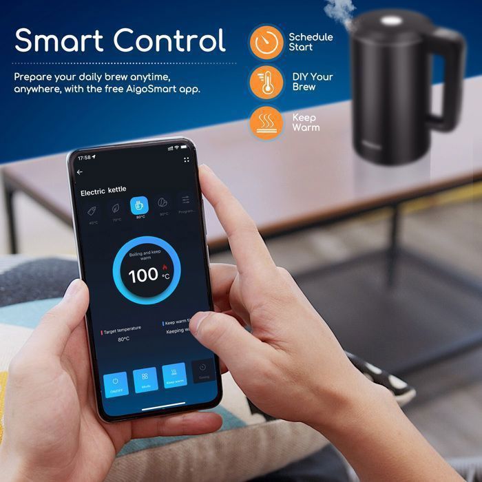 Aigostar slimme waterkoker 1,7 liter met cool touch-functie, instelbare temperatuur, compatibel met Alexa en Google Home, houdt water tot wel 24 uur warm.