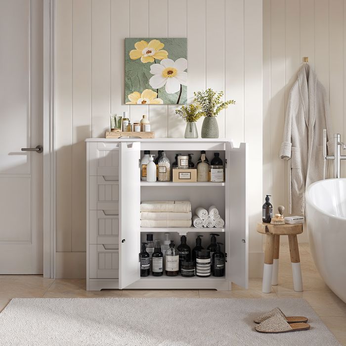 Mobiletto da bagno - Bealife - Mobile contenitore moderno - 2 ante - 4 cassetti - Ripiani regolabili - Bianco - 81x30x83cm