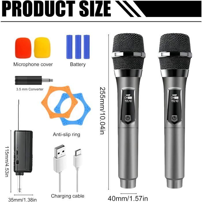 Kit microfono wireless - Sistema dinamico professionale - Portata di 60 metri - Ricaricabile tramite USB-C - Ideale per il karaoke
