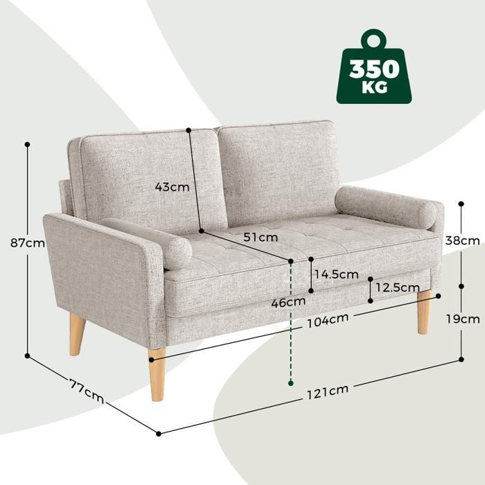 Sofá de 2 plazas en tela beige, 121 x 77 x 87 cm, estilo escandinavo, con 2 cojines y patas de madera.