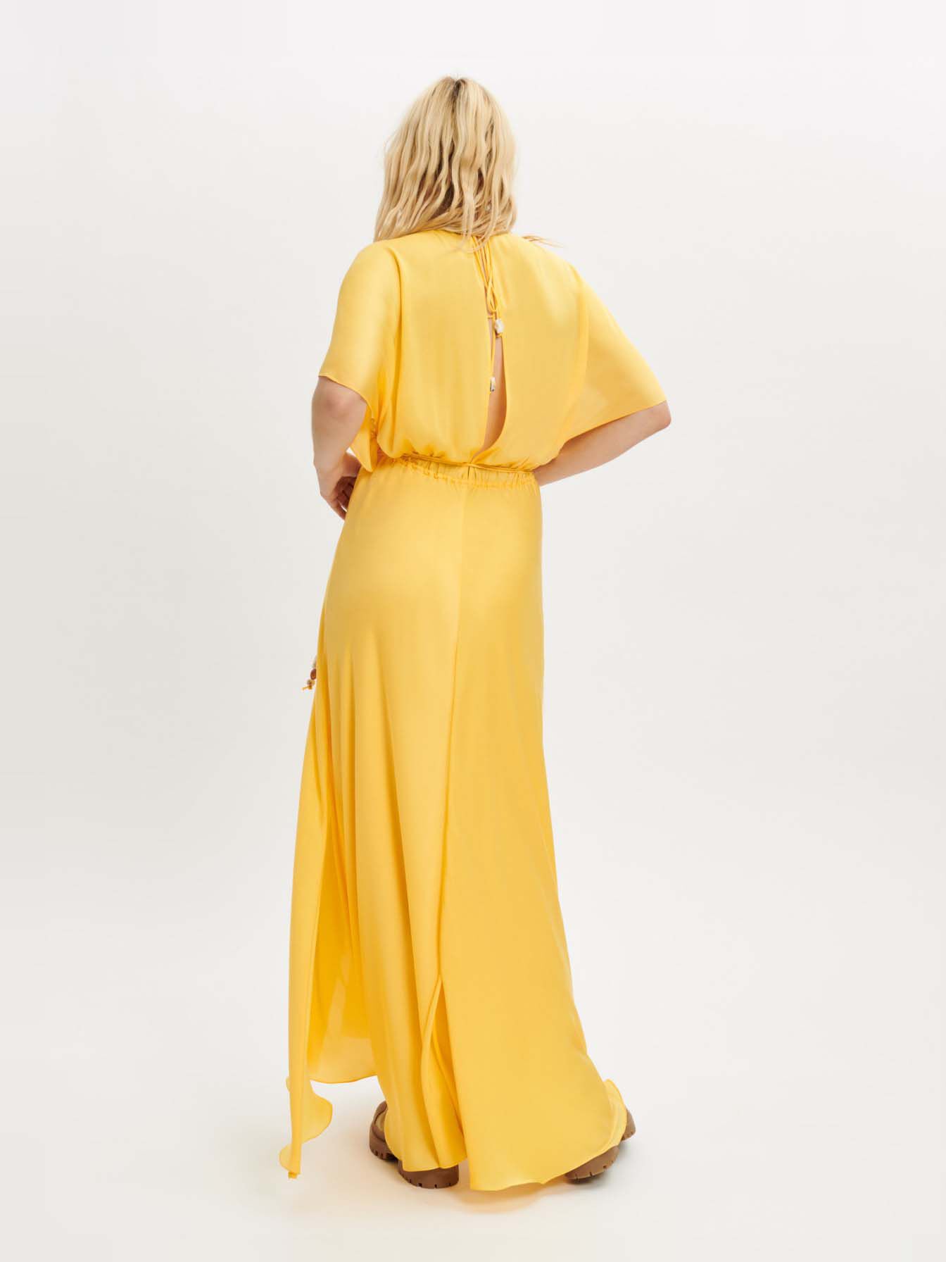 Rochie eșarfă din satin și mărgele - Galben