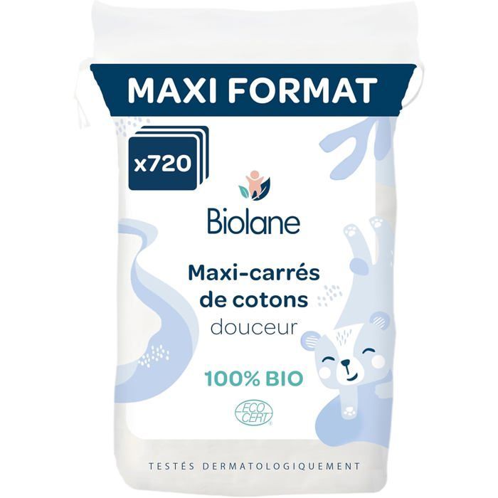 Maxi dischetti di cotone - BIOLANE - Confezione da 12 (720 dischetti) - 100% biologico - Per pelli sensibili - Prodotto in Francia