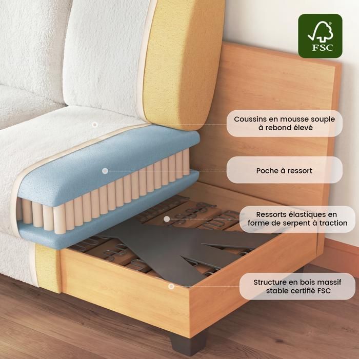 Divano angolare modulare a forma di U extra-large, cuscino di seduta a doppio strato soffice, 2 pouf rimovibili, tessuto in velluto beige effetto orsacchiotto.