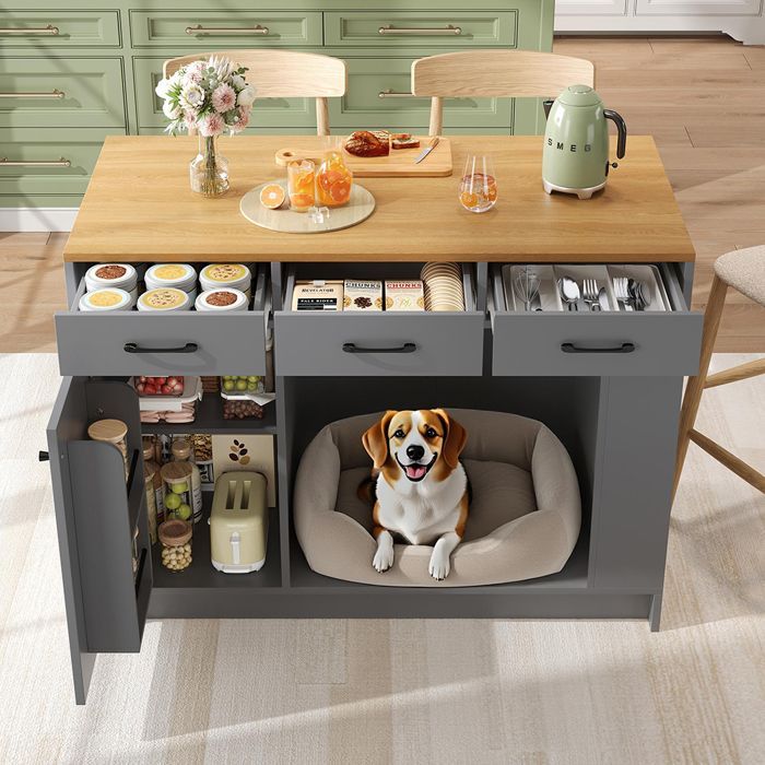 Buffet De Cuisine Îlot cuisine 3 tiroirs avec étagère à épices, 120×60×90 cm, gris