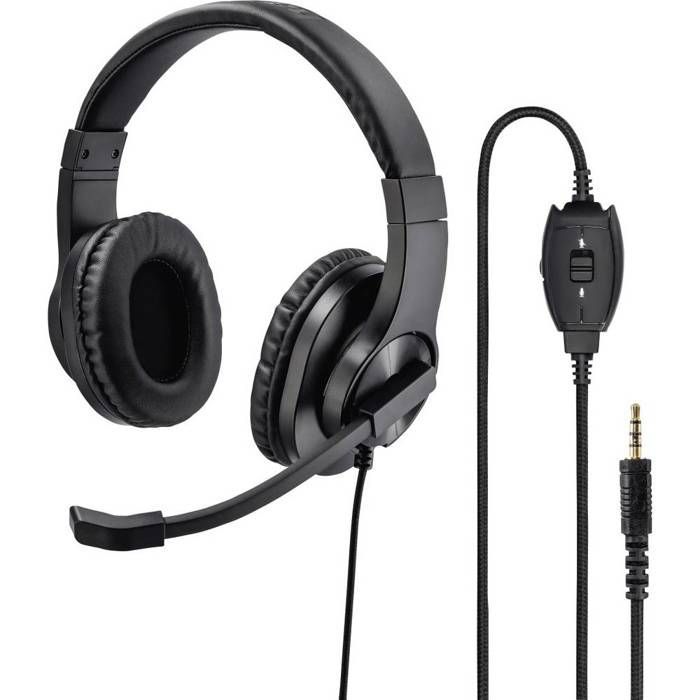 Cuffie stereo cablate Hama, colore nero, con volume regolabile e funzione di disattivazione del microfono del computer.