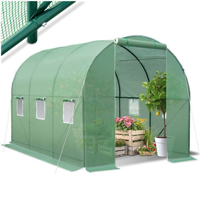 Invernadero de jardín - TECTAKE - Invernadero tipo túnel de 11,4 m³ con 6 ventanas, cubierta resistente a las heladas y a los rayos UV, 343 x 200 x 200 cm