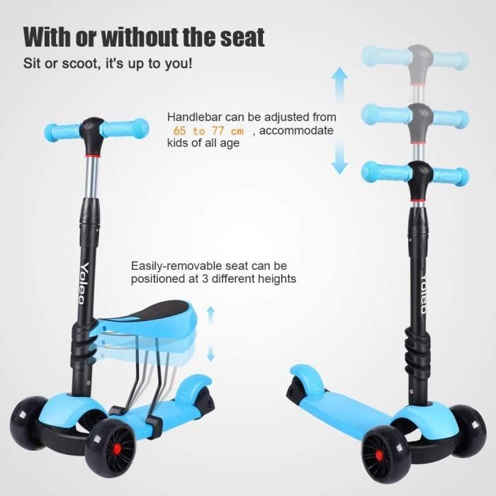 Monopattino per bambini YOLEO 3 in 1 - Blu - Ruote con luci LED lampeggianti - Peso massimo supportato 75 kg