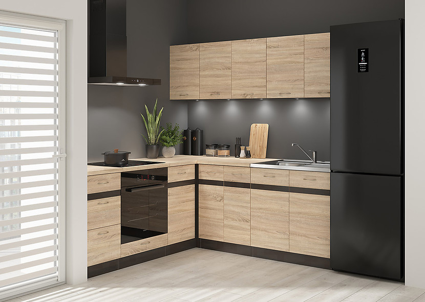 Komplet kuchenny narożny Junona Line 200x200 prawy dąb sonoma  z blatem