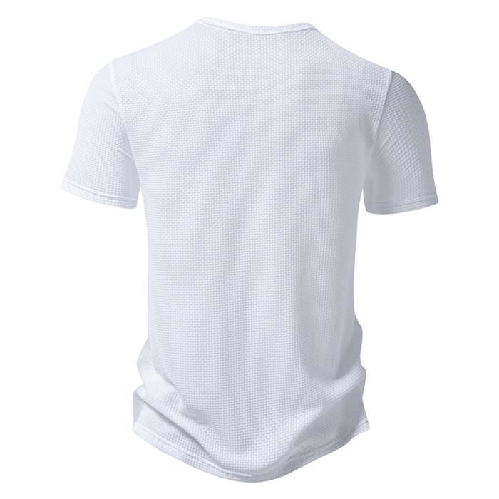Leichtes Herren-Henley-Shirt mit kurzen Ärmeln, regulärer Passform, Rundhalsausschnitt mit 4 Knöpfen, einfarbig – EU-Größe – Weiß