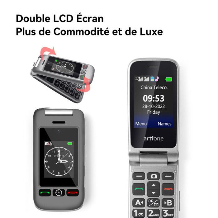 Artfone G6 Téléphone Portable Flip 4G pour Personnes Âgées, Grandes touches, Bouton SOS, 1000mAh, Double Écran, Avec Base de Charge