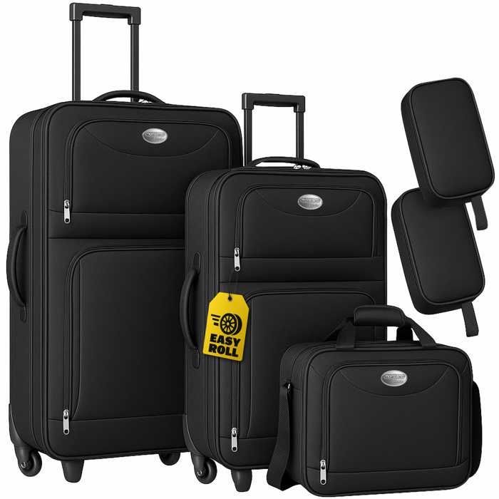Juego de maletas MONZANA® de 5 piezas, negro, con ruedas blandas, bolsas de viaje, neceser, bolso de hombro y estuche de tocador.