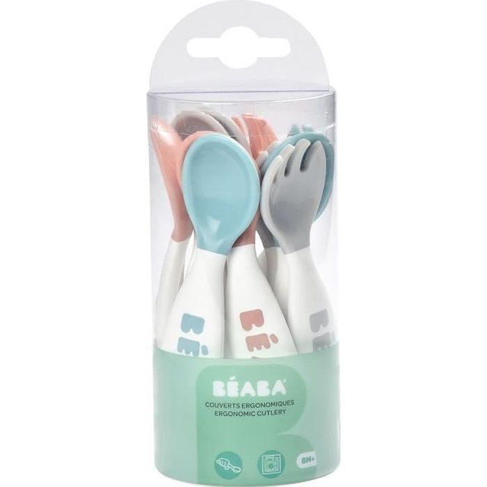 BÉABA, Set di posate ergonomiche per neonati, 6 cucchiai e 4 forchette, manici corti e arrotondati, facile impugnatura per il bambino.