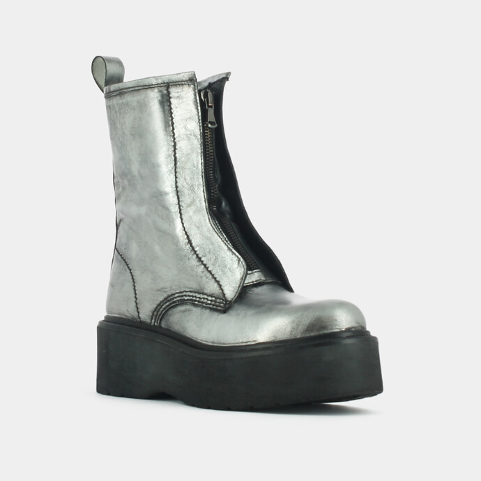 Bottines à plateformes et fermetures frontales  en cuir vieilli argent