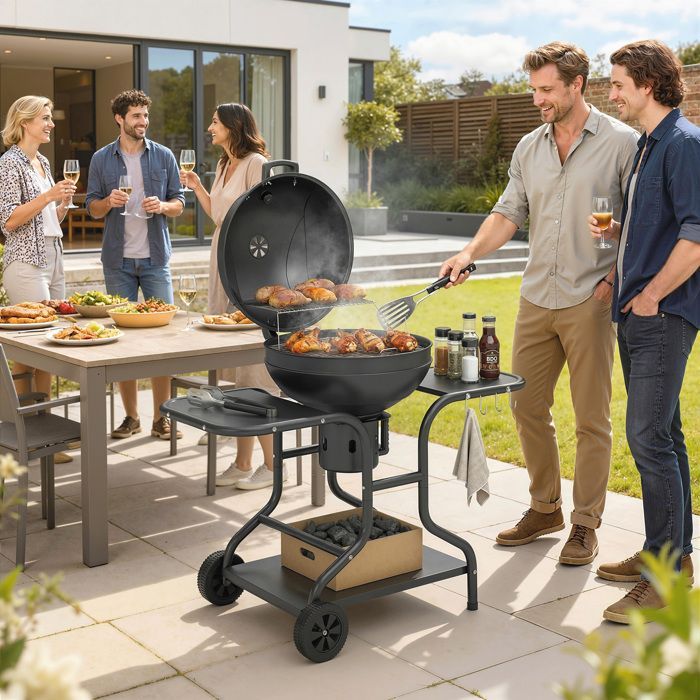 Barbecue rotondo a carbone - Outsunny - con coperchio, termometro, ripiani laterali, ripiano inferiore - 129 x 63,5 x 106,5 cm, nero