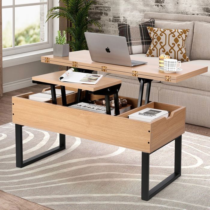 Table Basse Relevable - VOWNER - Multifonctionnelle 3 en 1 - Couleur du bois