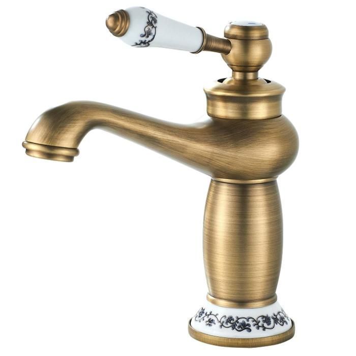 Vintage Bathroom Faucet, Single Lever, Floral Ceramic, Antique Brass, Bidet Basin Faucet for Bathroom Sink