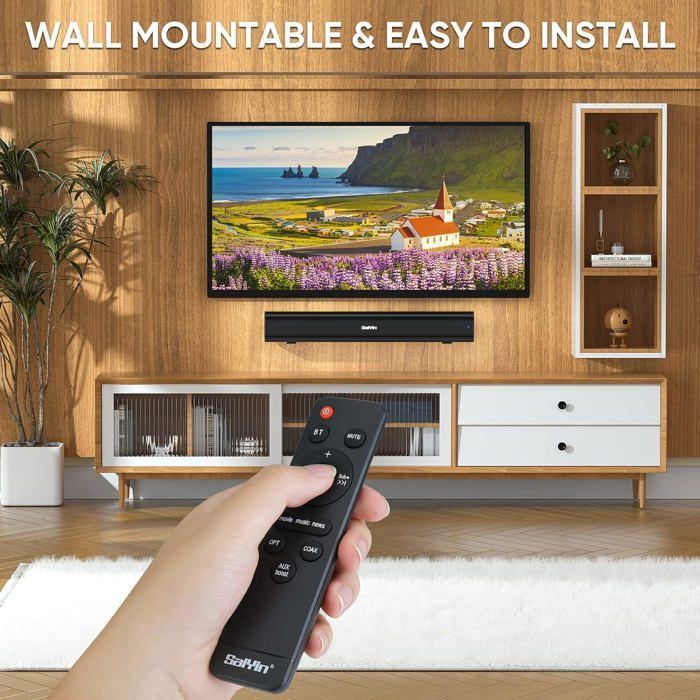 Saiyin Small Soundbar with 60W Peak Power, Bluetooth 5.3/Optical/AUX Connection for 17-inch TVs
