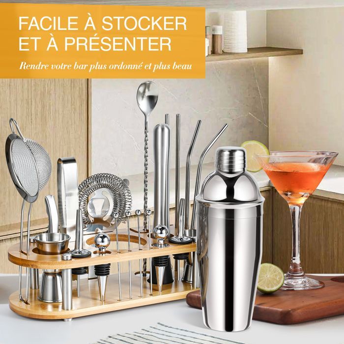 Shaker per cocktail da 750 ml - PRUMYA - Kit da barman da 23 pezzi in acciaio inossidabile da 750 ml - con supporto in legno