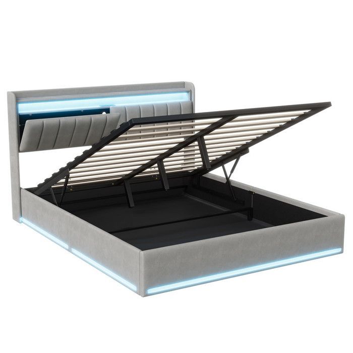 140 x 200 cm storage bed with slatted base, double bed with LED lighting and power strip, storage in the upholstered headboard, 140x200 cm velvet bed