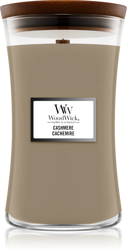 Dišeča sveča Woodwick Cashmere z lesenim stenjem
