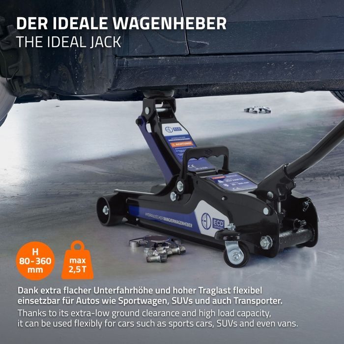 ECD Germany 2 cavalletti a cricchetto da 2,5 T, certificati TÜV/GS, altezza 80-360 mm, acciaio nero e blu, cavalletto da officina, cavalletto per auto