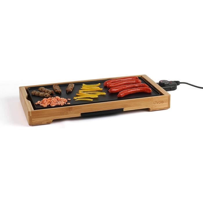 Plancha eléctrica de 2200 W fabricada en aluminio y bambú. Amplia superficie de cocción antiadherente.