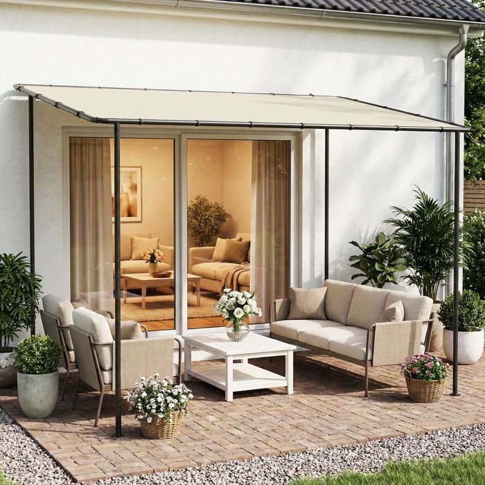 Pérgola de jardín Outsunny - toldo hidrófugo - sistema de drenaje - metal y poliéster - 3 x 2 m - color crema