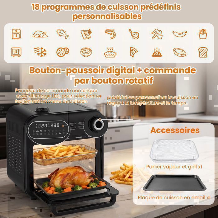 Urbiola 17L XXL Dual Zone Air Fryer with Visible Window - Integrated Steam, 18 Programs, 1400W