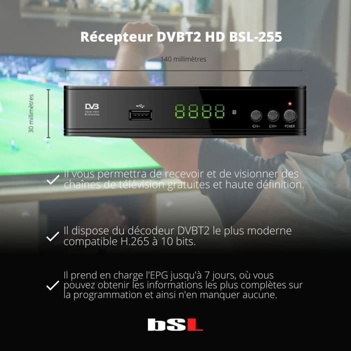Receiver DVBT2 HD BSL-255 Para TNT2 de Alta Definition Full HD 1080P | Suporta H.265 10 Main HEVC | Input Scart, USB and HDMI
