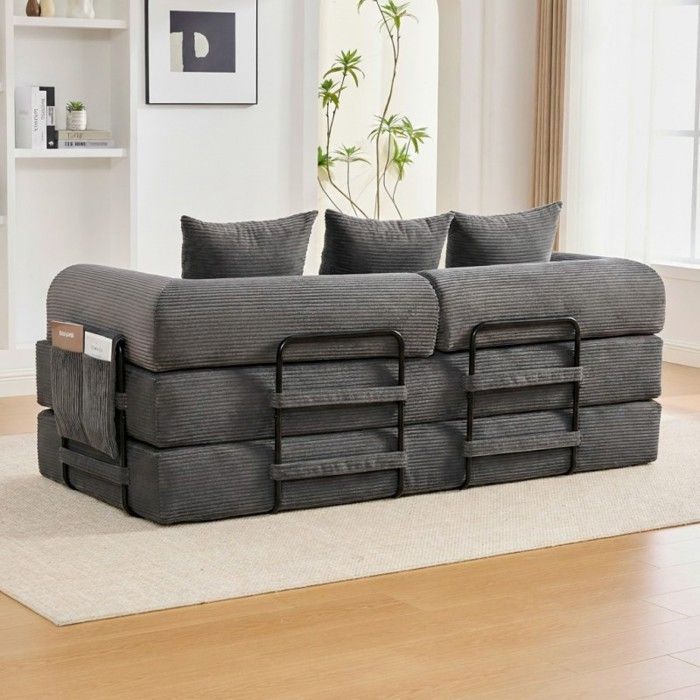 Canapé‑lit modulable - LANGTU - Modulaire Convertible - Velours côtelé gris foncé - Cadre métal - 3 places (200 cm)