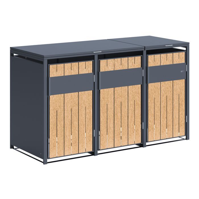 Caseta metálica para contenedores AXI Luke, antracita/efecto madera - Cobertizo para 3 contenedores - Máx. 240 L - Cobertizo para contenedores de exterior