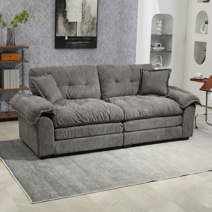 MEUBLIV Double Sofa, Tufted Sofa with 2 Matching Armchair Cushions, 213.4x90.1x87.6 cm, Chenille, Grey