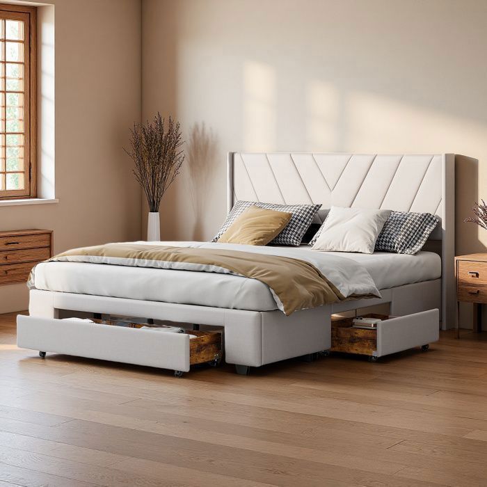 Lit adulte 140x190 cm - COZY - lit 140x190 cm - cadre de lit double 140x190 cm - sommier - tissu en lin - beige