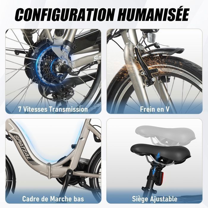 SPATIAL Folding Electric Bike - Removable 36V 10.4Ah Battery - 500W 40Nm Motor - City E-Bike - Shimano 7 Speeds - 70km Range