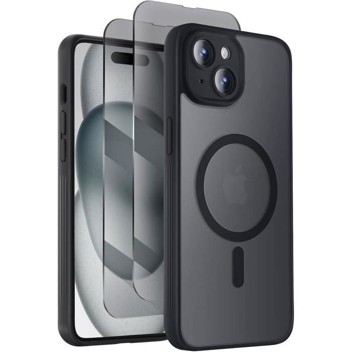 Coque pour iphone 15 et 2 vitres anti espion 2x verre caméra compatible magsafe noir hd