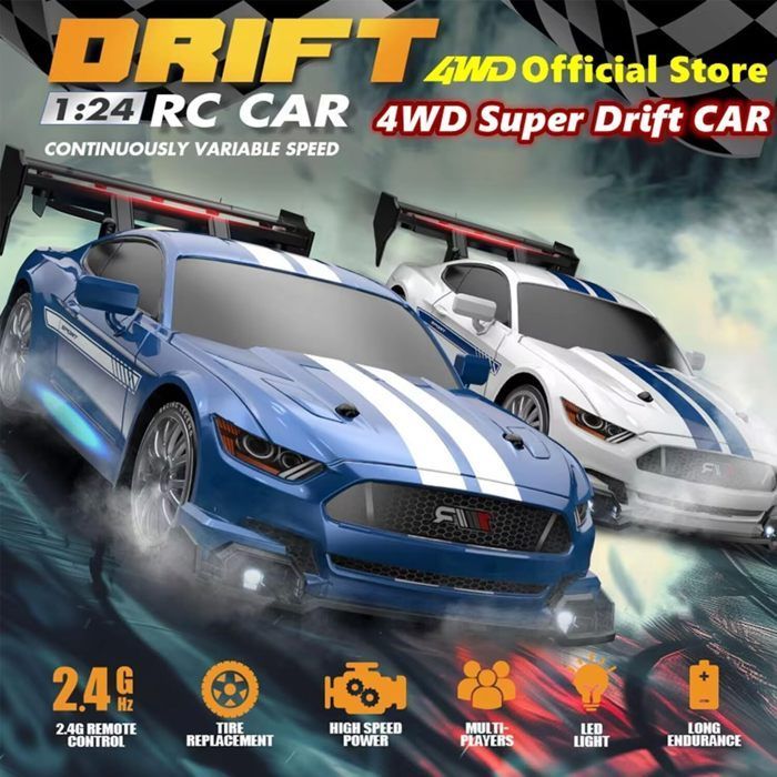 Carro de drift com controle remoto em escala 1:24, tração nas quatro rodas, 2,4 GHz, velocidade máxima de 30 km/h (8607-Preto)