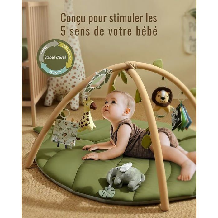Tapis d& 39;éveil Bébé avec Arche Amovible, Forme des Feuilles Tapis Éveil Bébé 6 Jouets - Développement Vert F TAPIS DE JEU ENFANT