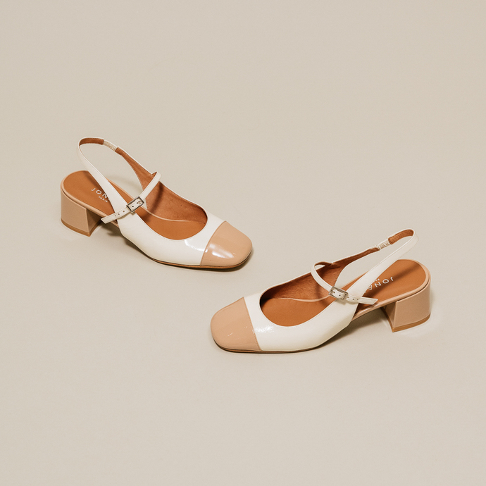 Salomés slingback à bouts carrés  en vernis beige et écru