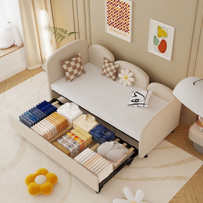 Lit Banquette 90x200 cm avec Lit Tiroir 90x190 cm - Banquette-Lit Convertible Moderne sans Matelas, Bois et Métal, Velours Beige