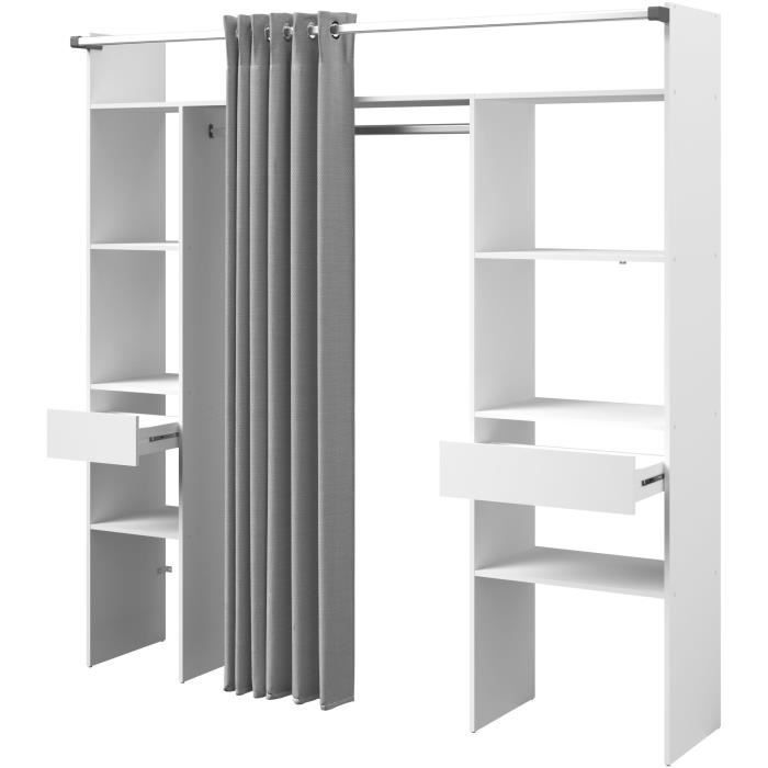 Dressing double ARTIC - L 198 x P 40 x H 203 cm - Blanc + rideau Made in France