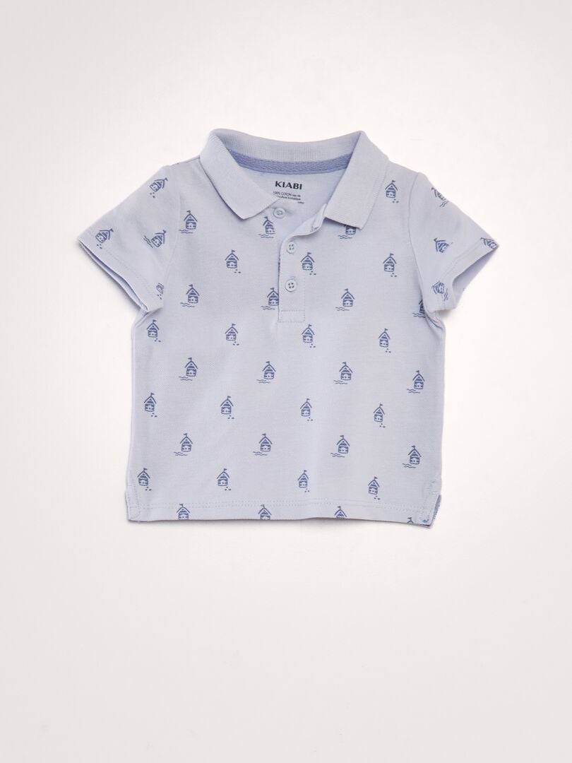 Camisa polo estampada em piqué de algodão - AZUL