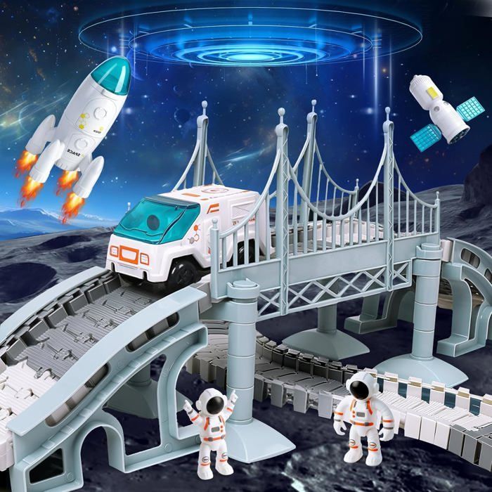 Pista per macchinine per bambini - BLEOSAN - Pista per macchinine a tema spaziale - 332 pezzi - Piste modulari