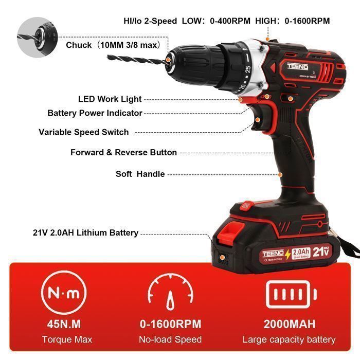 Trapano/avvitatore a batteria - TEENO - 21V - 45 Nm - 2 batterie da 2Ah - 46 accessori