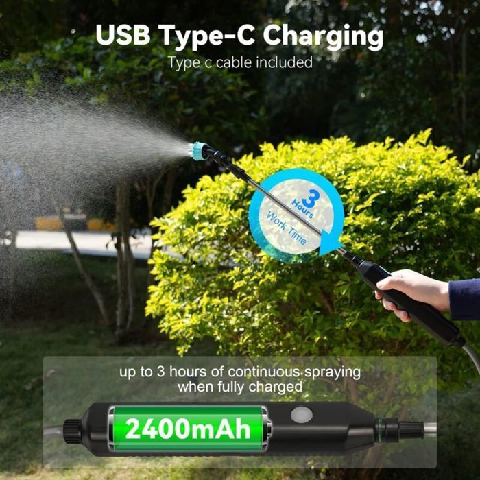 Spruzzatore elettrico da giardino con lancia telescopica, 3 ugelli e tubo flessibile da 8 m per l'irrigazione