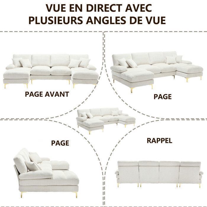 Panorama-Ecksofa in U-Form, 5/6-Sitzer, aus weißem Chenille-Samt – für Wohnzimmer, Büro, Wohnung – B 272 x T 136 x H 88 cm