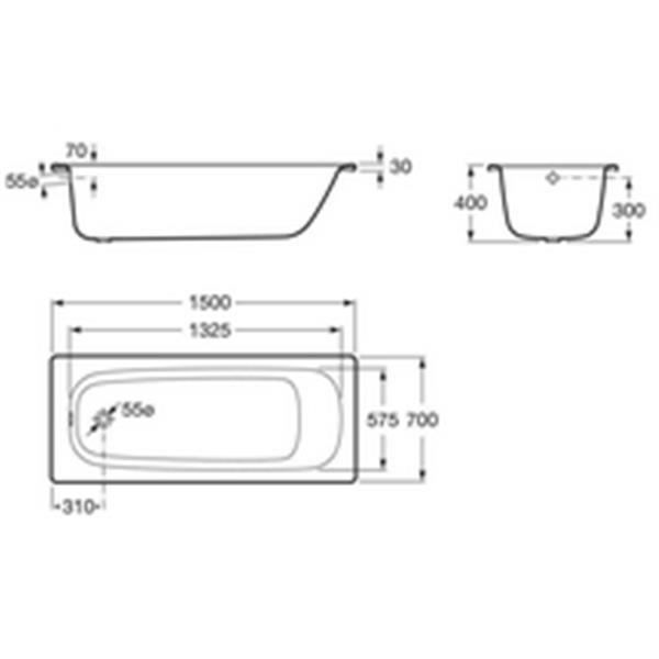 ROCA Contesa 1500 mm steel bathtub, white. Tub only. 1 pre-drilled hole D35 mm ref A2360K6000