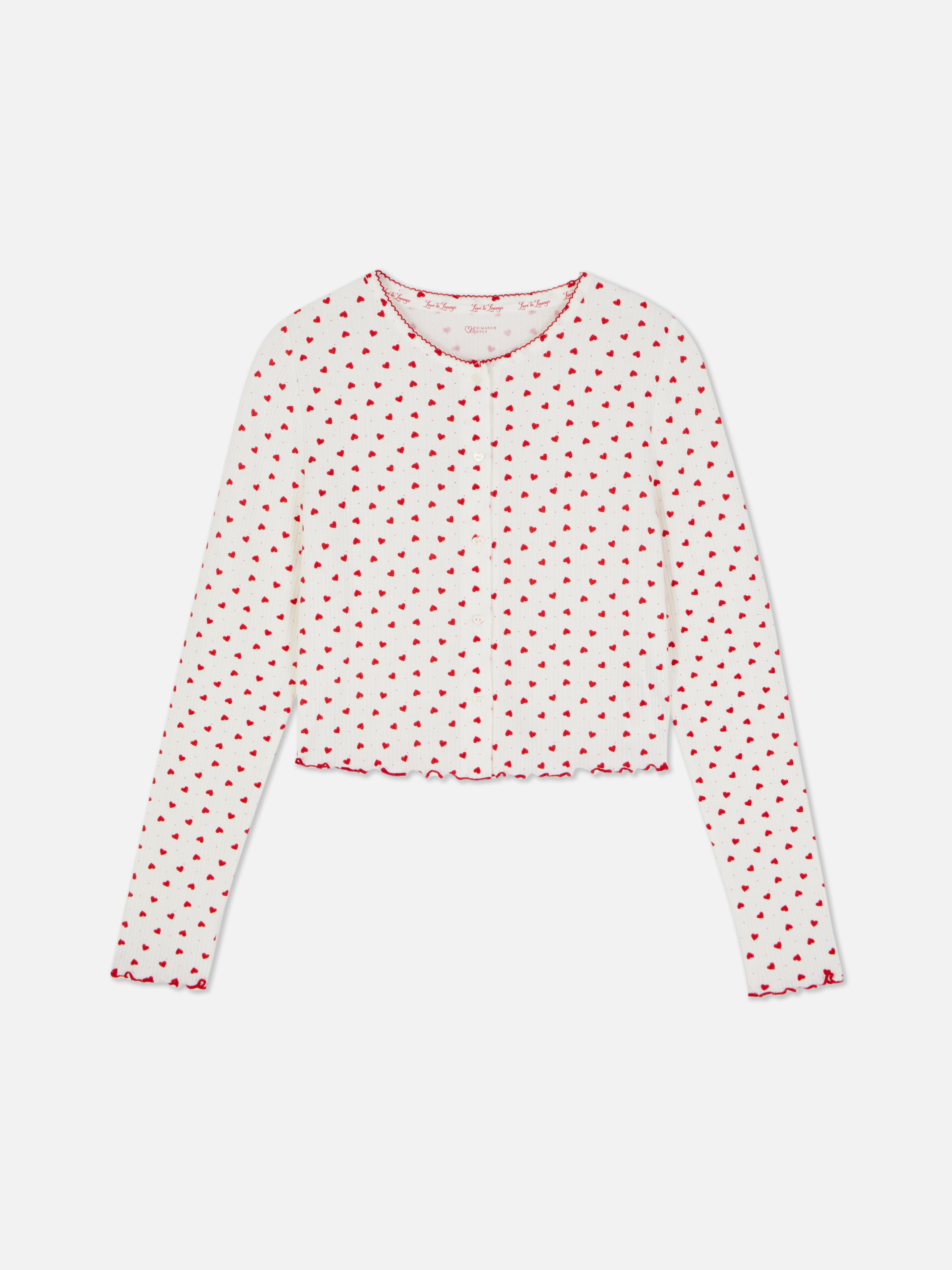Top de pijama cu model în formă de inimă Un top de pijama lung cu decolteu rotund, tiv festonat și model integral