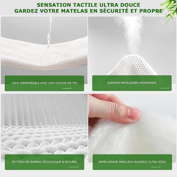 Protge Matelas 160x190 cm Fibre de Bambou, Alse Certifi OekoTEX, Surmatelas Impermable Respirant,Bonnet 160 x 190 x 40 cm