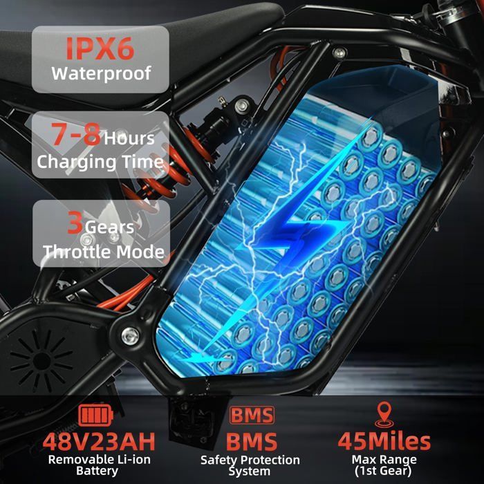 Motocicleta eléctrica 6MSKS, motor de 2000 W, 60 km/h, batería de 48 V y 23 Ah, autonomía de 72 km, freno de disco hidráulico, suspensión hidráulica.